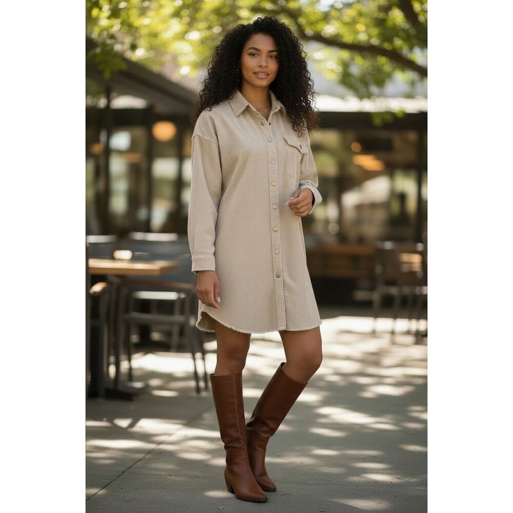 Bohme Corduroy Mini Shirtdress Pockets Raw Edge Hem Bohemian Western Size M